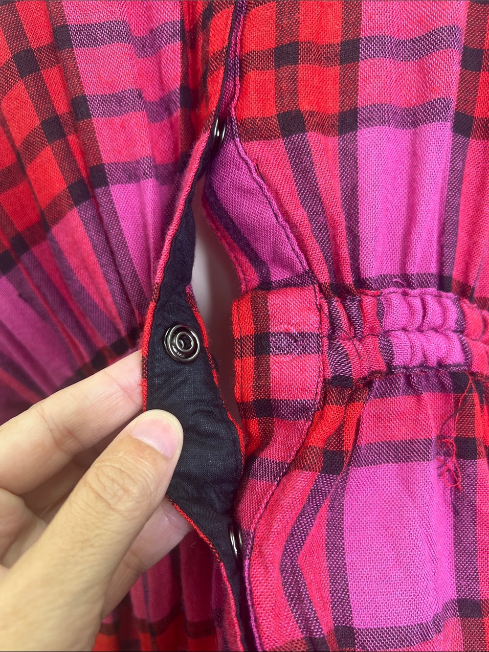 Free People - We The Free Pacific Dawn Pink Red Plaid Ruched Sleeve Blouse Small - Picture 8 of 13